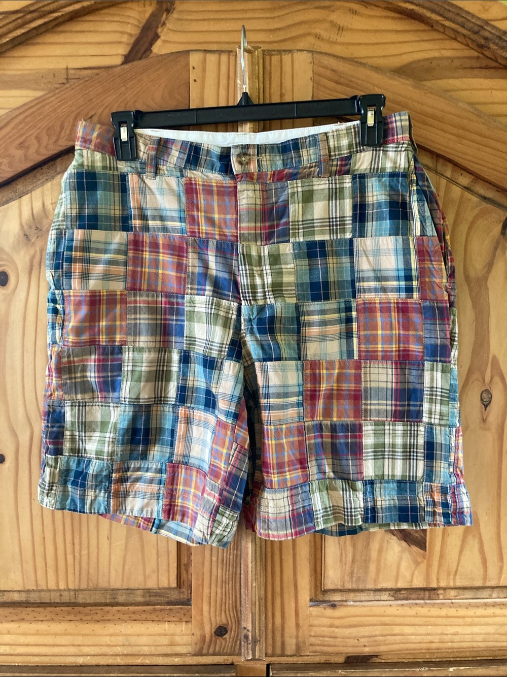 Men Jos. A. Bank blue orange red checks plaid chino shorts size 35